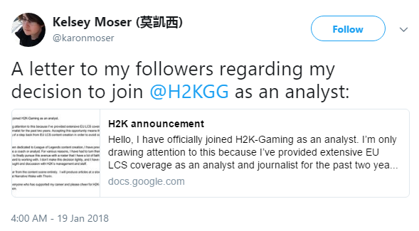 自由撰稿人莫凯西宣布以分析师身份加入H2K_莫凯西