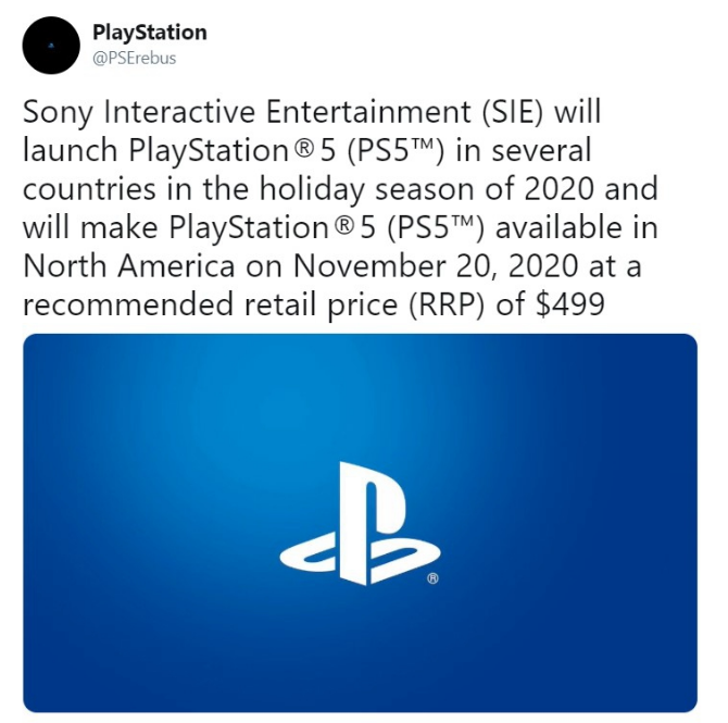 网传PS5将于2020年11月20日发售 售价499美元