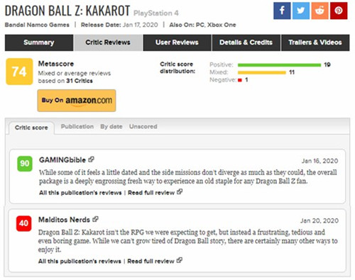 IGN评《龙珠Z：卡卡罗特》7分 M站均分74分