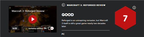 《魔兽争霸3：重制版》IGN 7分：出色的原作、乏味的翻新