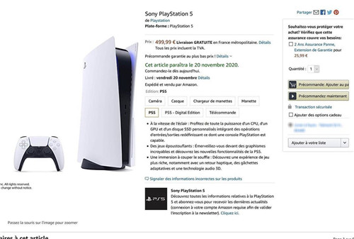 法国亚马逊上架PS5 售价3977人民币 11月20日发售