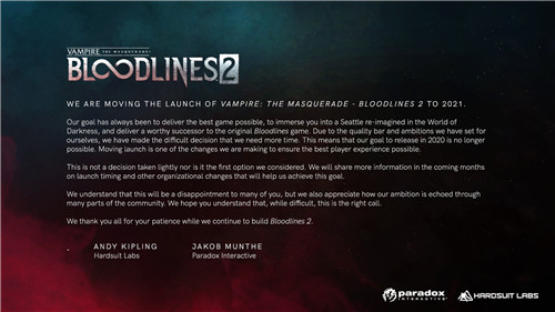 《吸血鬼：避世血族2》延期至2021年发售 打磨游戏品质