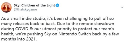 受疫情影响 《Sky光·遇》Switch版延期至2021年发售