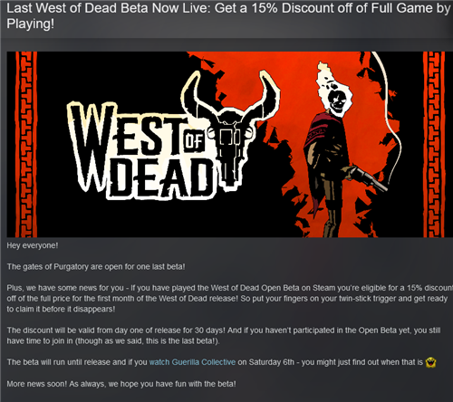 《死亡西部》官方：玩Beta版可享受游戏首发优惠