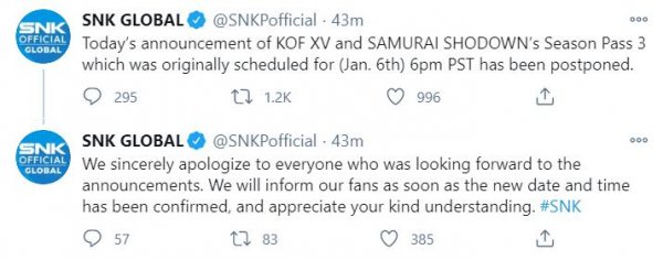 SNK发布道歉推文 《拳皇15》及《侍魂》新季票公布活动推迟