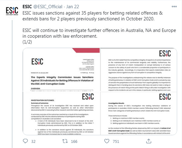 35名CS：GO选手因为涉嫌赌博而被禁赛 目前尚未查出假赛