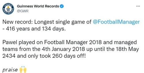玩家一局《足球经理2018》玩了416年 获吉尼斯世界记录认证