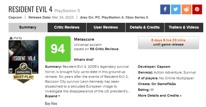《生化危机4 重制版》媒体评分解禁 M站均分94 IGN GS VGC满分评价