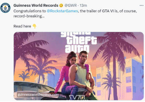 《GTA6》预告获吉尼斯认证 打破三项纪录