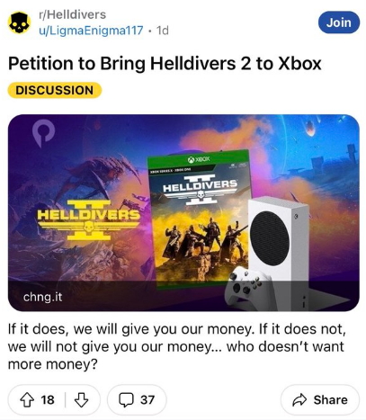 粉丝请愿 希望《绝地潜兵2》登陆Xbox平台