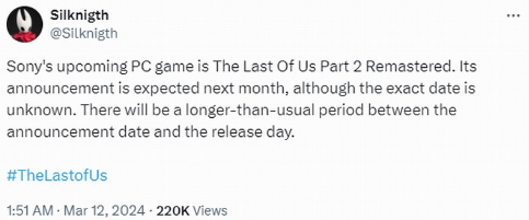 曝《最后生还者2：重制版》PC版将于4月公布
